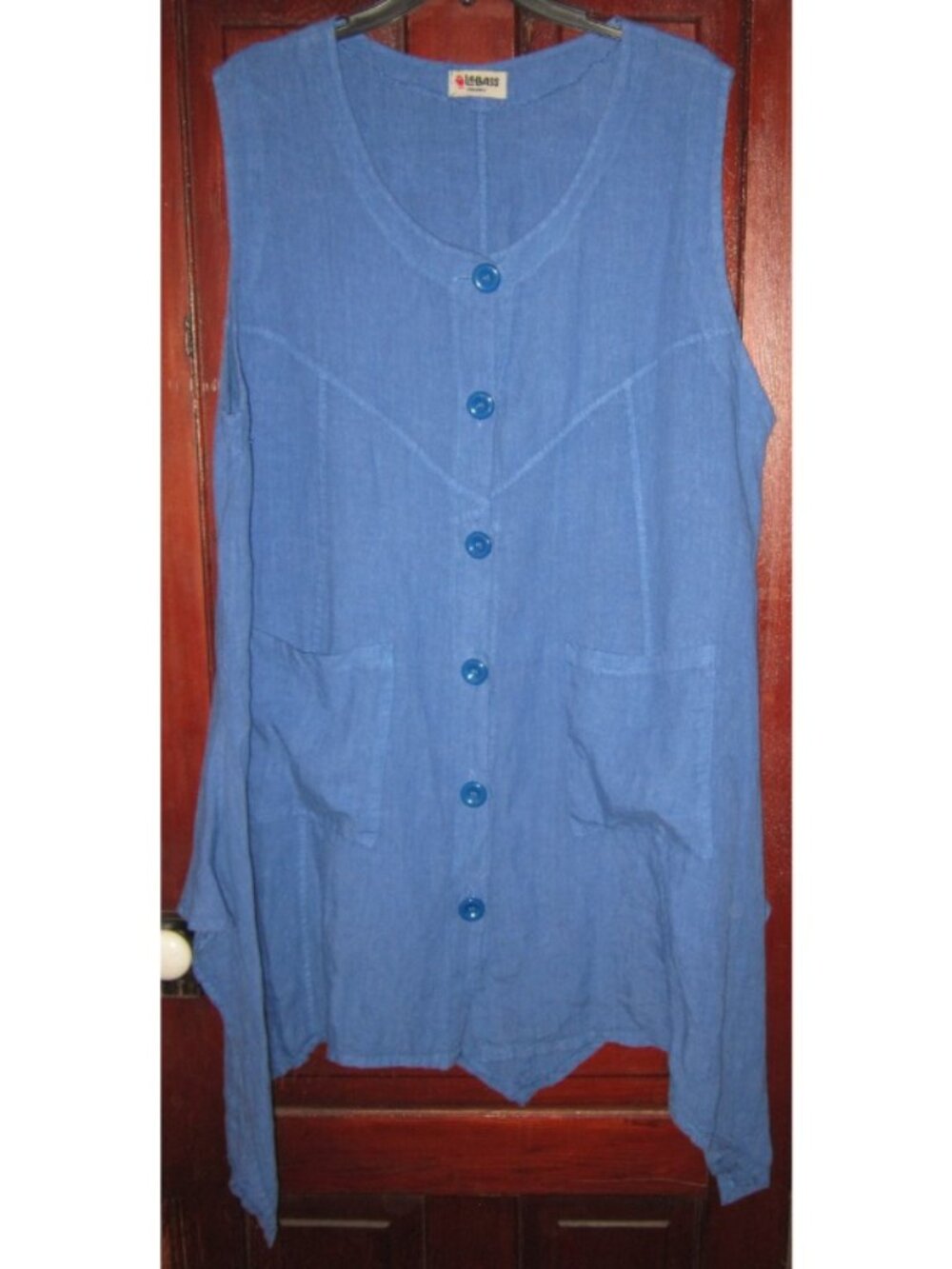 LA BASS Germany Sz 3 3X 100% Linen Dress Tunic Lagenlook Sleeveless Pockets Blue